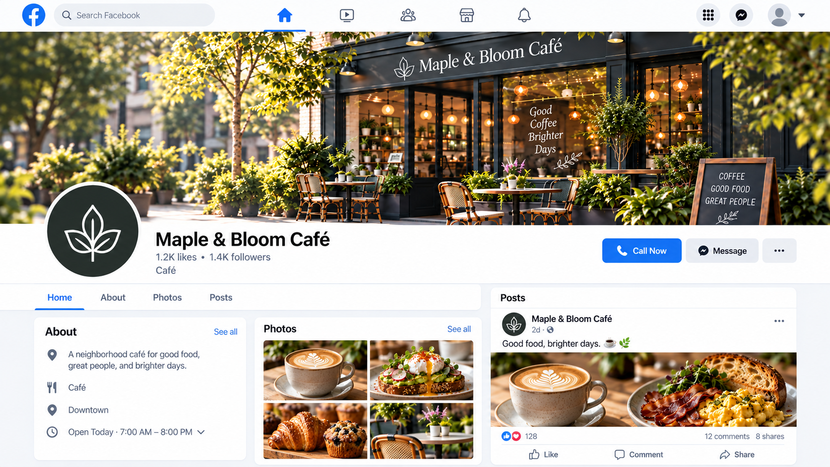 Fictional Maple & Bloom Café sample facebook page preview; generated Sample artwork, not a captured merchant page.
