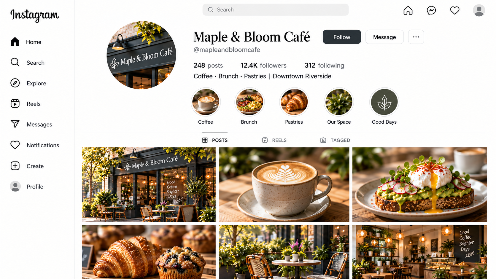 Fictional Maple & Bloom Café sample social profile preview; generated Sample artwork, not a captured merchant page.