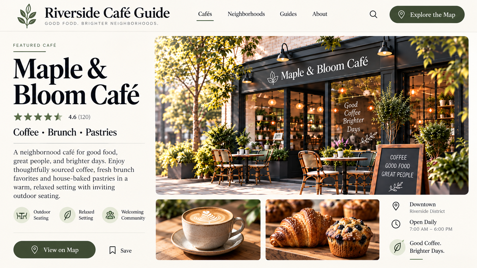 Fictional Maple & Bloom Café sample local directory preview; generated Sample artwork, not a captured merchant page.