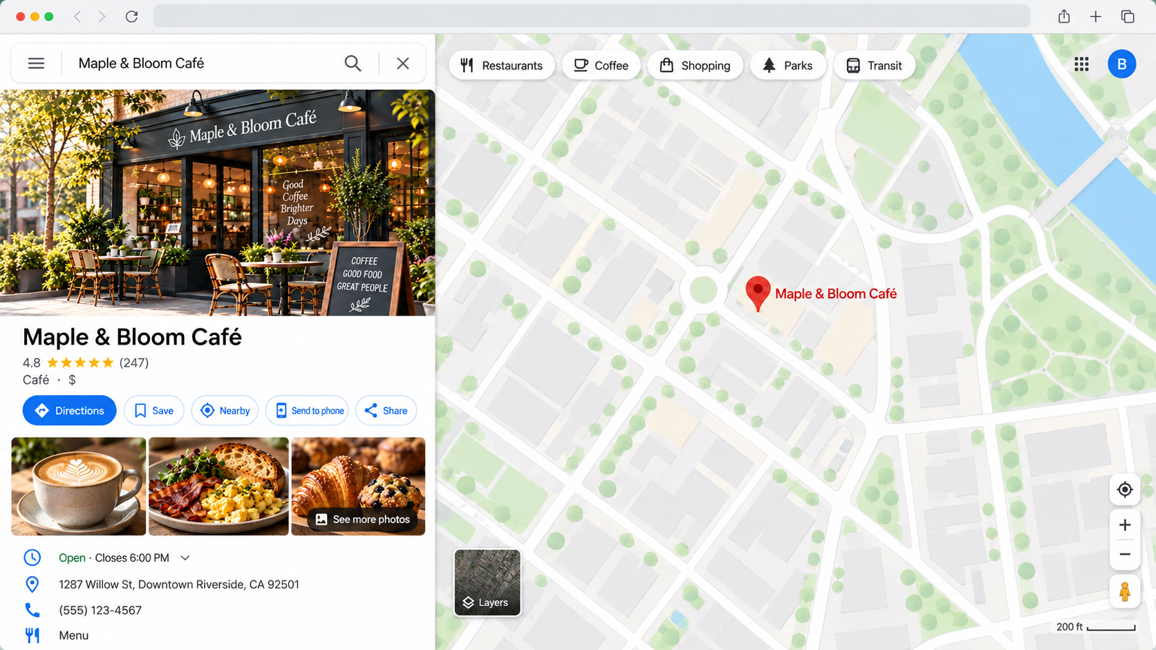 Fictional Maple & Bloom Café sample map listing preview; generated Sample artwork, not a captured merchant page.