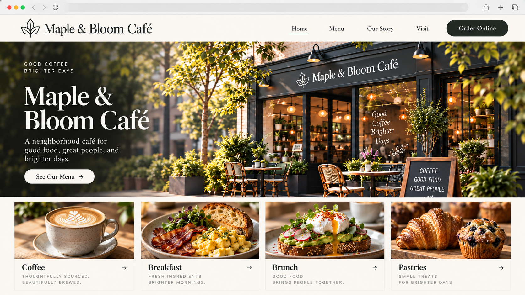Fictional Maple & Bloom Café sample official website preview; generated Sample artwork, not a captured merchant page.